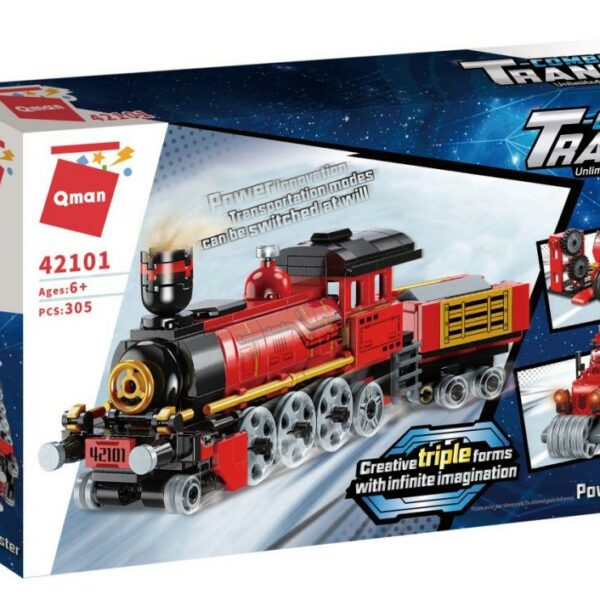 QMAN® 42101 | lego-kompatibilis építőjáték | 305 db építőkocka | 3-az-1-ben Gőzmozdony, Motorkerékpár vagy Úthenger