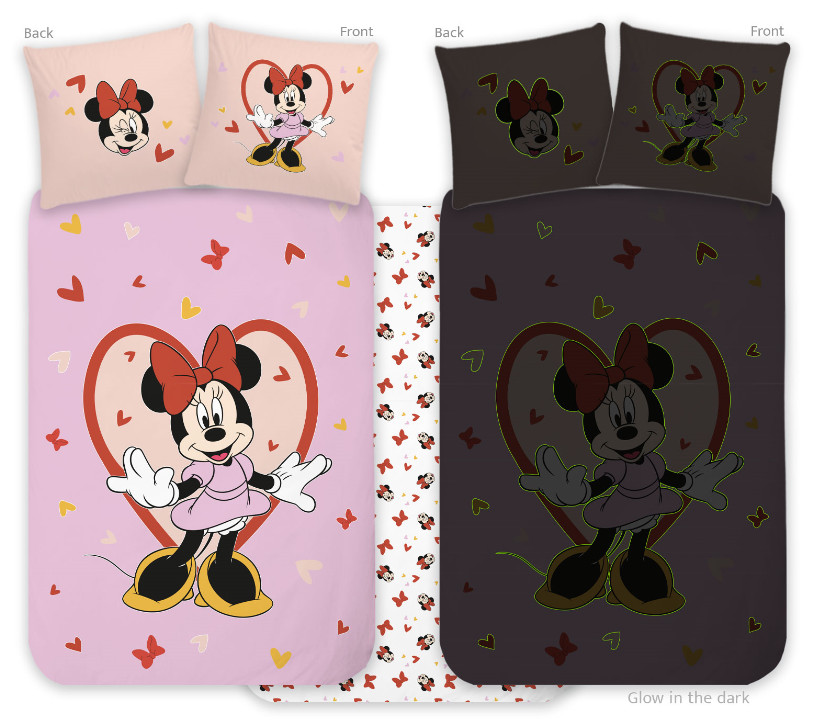 Disney Minnie Heart sötétben világító gyerek, ovis ágyneműhuzat 100x135cm, 40x60cm