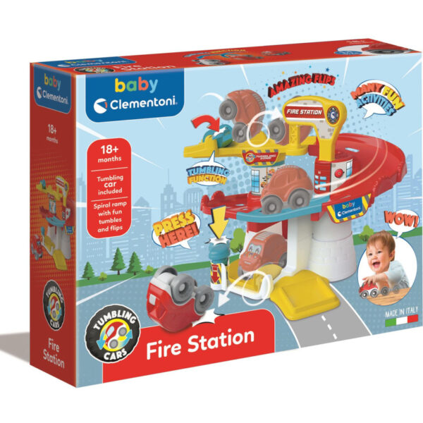 Tűzoltó állomás Fun készségfejlesztő szett bukfencező kisautóval Clementoni