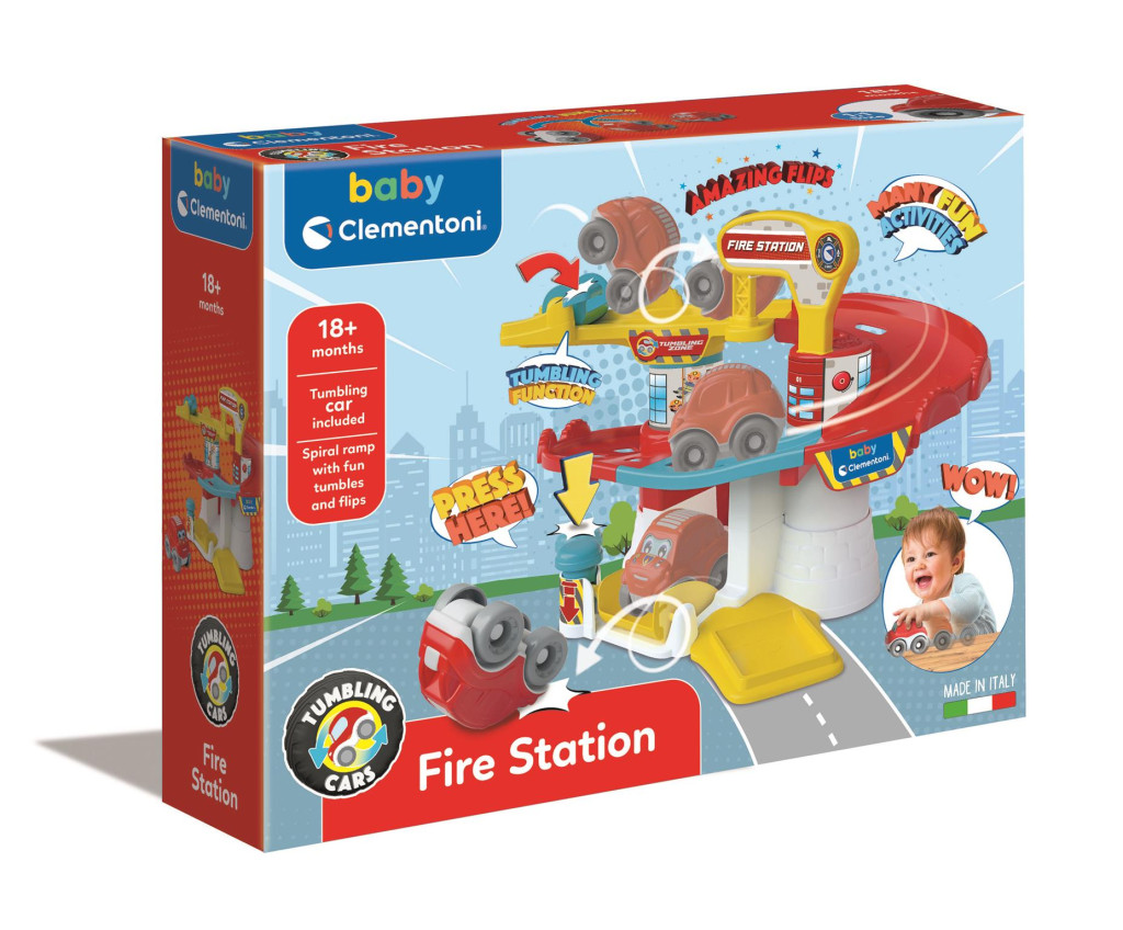 Tűzoltó állomás Fun készségfejlesztő szett bukfencező kisautóval Clementoni